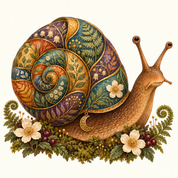 Whimsical Forest Snail with Botanical Mosaic Shell and Woodland Flowers