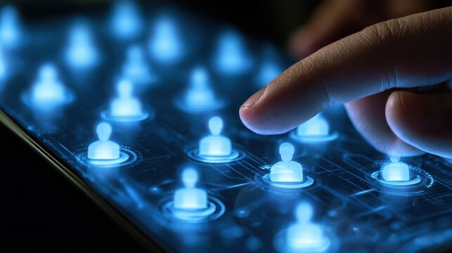 User Interface Interaction with Digital Touchscreen Display Featuring Illuminated Icons of People and Network Connection Concept