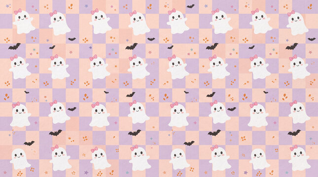 Seamless pattern with cute cartoon ghosts wearing pink bows and small bats on a pastel checkered background for halloween