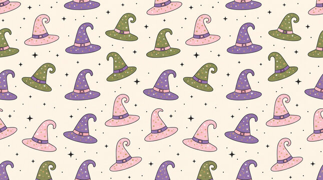 Seamless pattern with cute witch hats in pastel purple, pink and green colors with stars on a light beige background