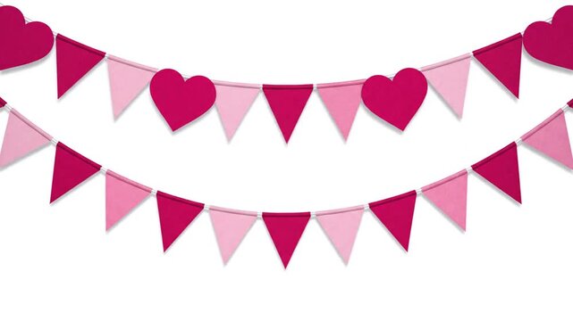 Pink and Red Heart and Triangle Bunting Garland on White Background. 4K Video