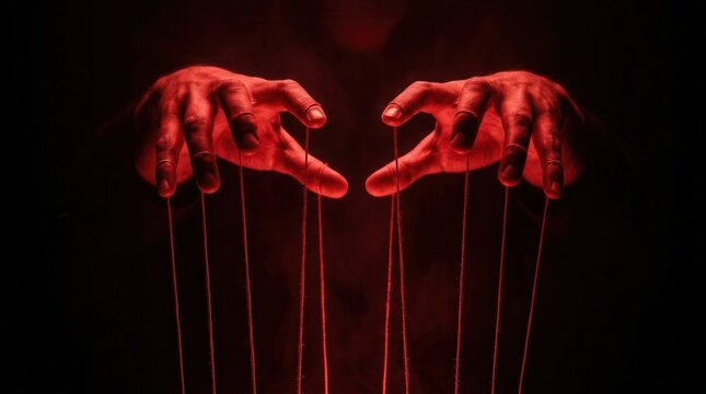 Dramatic red hand shadows casting puppet strings in darkness.
