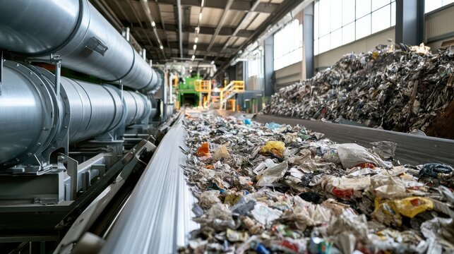 Waste management facility interior showcasing conveyor belt loaded with mixed refuse, recycling machinery, and industrial space for processing trash