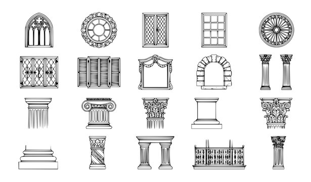 Decorative Architectural Windows and Pillars Outline Vector Collection