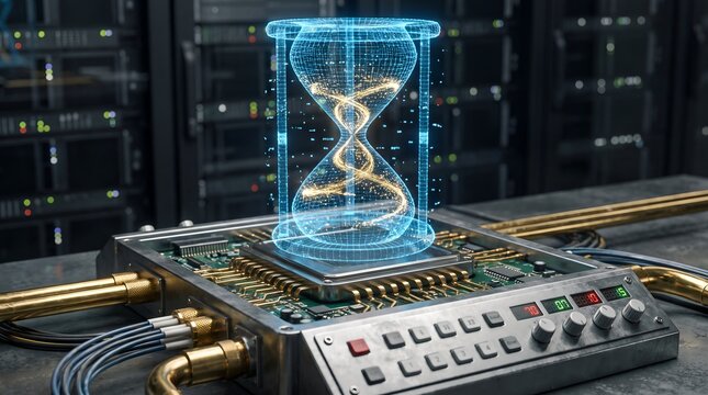 Futuristic Hologram Hourglass On High Tech Computer Processor Board