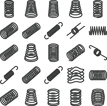 Collection of metal spring vector icons showing diverse industrial shapes and spiral hardware mechanical design components