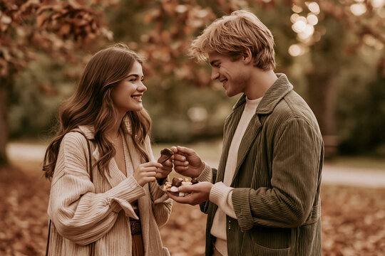 Warm editorial photo of a loving couple sharing chocolate during an autumn walk. Soft sunlight and a colorful park highlight romance and genuine affection