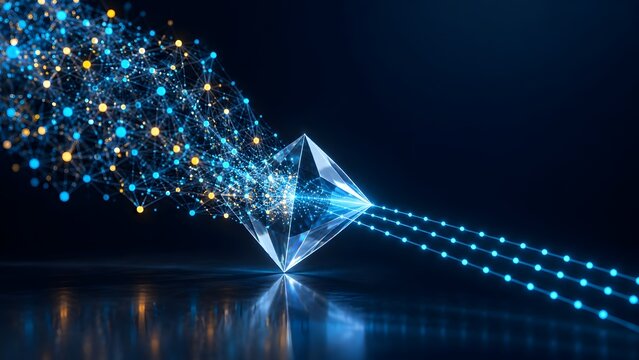 Glowing glass diamond prism refracting digital data network nodes into laser light beams representing data compression and encryption