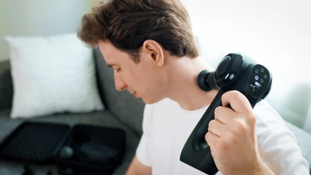 Man using percussive massager device on neck for muscle recovery, release, and percussion massage therapy. High quality 4k footage.