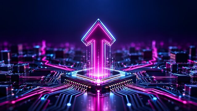 Glowing neon upward arrow emerging from a computer microchip representing technological growth and system performance upgrade