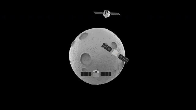 Three satellites rotate each in their orbit around a stylized moon with craters, 3d redner with alpha channel