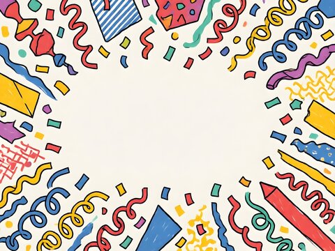 Celebratory hand drawn festive border frame filled with colorful confetti swirls streamers party poppers and ribbons around an empty copy space.