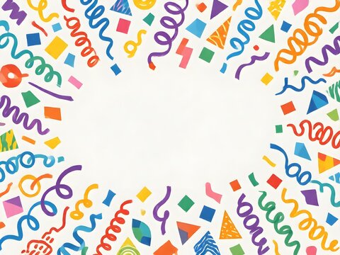 Celebratory hand drawn festive border frame filled with colorful confetti swirls streamers party poppers and ribbons around an empty copy space.