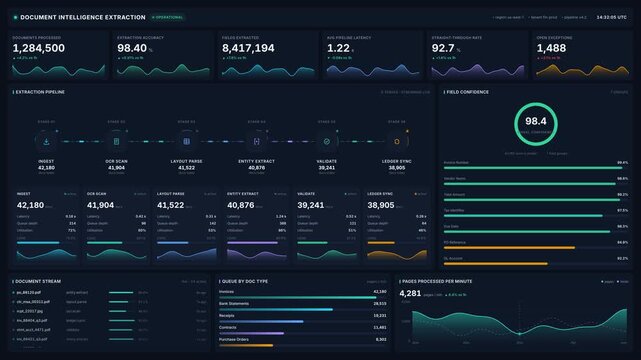Document intelligence extraction dashboard with real time metrics analytics, for automated data processing, digital transformation, business intelligence, modern corporate