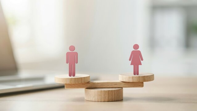 Wooden balance scale with male and female paper figures, gender equality concept