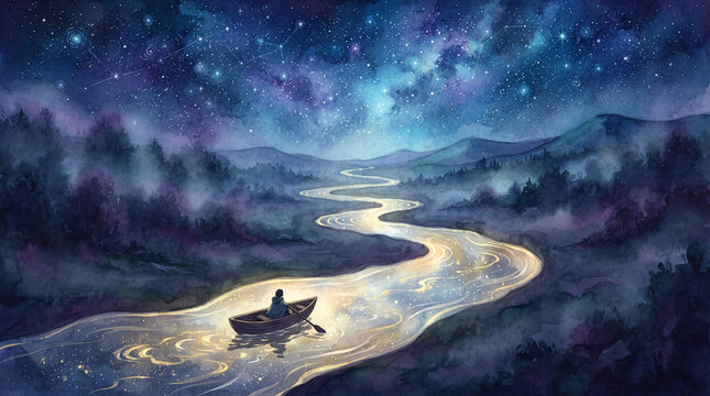 A lone traveler rowing a small wooden boat down a glowing, magical river under a vast, starry night sky filled with constellations