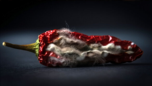 A single dried red chili pod showcasing advanced organic decay, detailed with extensive colonies of fuzzy white and grey mold spores spreading across the wrinkled skin.