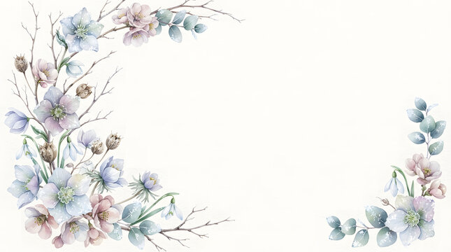 Watercolor winter floral corner frame with pastel hellebore snowdrop and eucalyptus branches on white background.