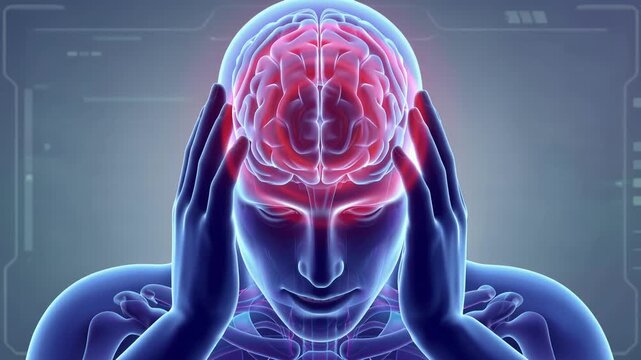 Medical illustration of human brain with highlighted red region, showing headache, migraine, stroke, neurological disorder, healthcare anatomy concept, 4K video