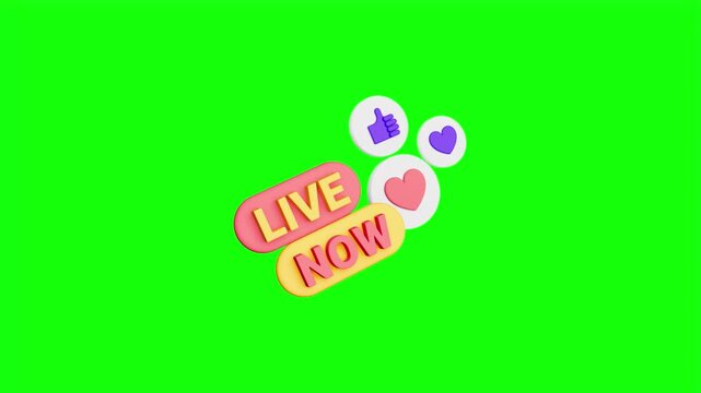 Live now 3d social media badges with thumbs up and heart reaction icons vector illustration isolated on green screen.   