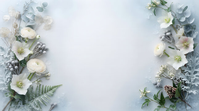 Winter botanical flat lay with white hellebore ranunculus lunaria and eucalyptus on frosty background with copy space.