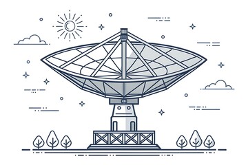 Obraz premium Large satellite dish antenna under a bright sky with stars and sun