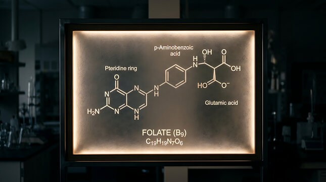 Molecular structure diagram of Folate B9 on a backlit display board in a laboratory