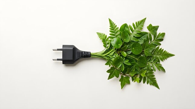 Electric plug connected to a cluster of fresh green leaves isolated on white background