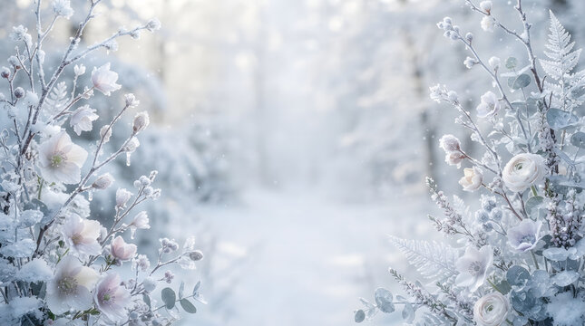 Frosted winter flowers eucalyptus and fern side border background with snowy forest copy space.