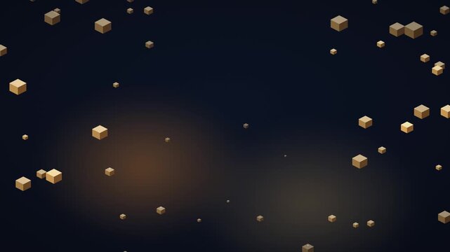 Floating gold cubes in dark space, for digital data structure, blockchain technology, abstract luxury background, futuristic virtual reality environment
