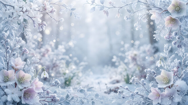 Frosted winter flowers and snowy branches border background with soft bokeh light and empty copy space.