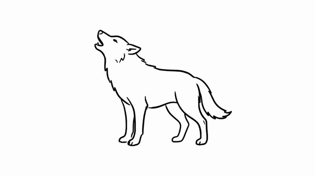A black and white line art illustration of a wolf howling towards the sky with drawing wolf standing