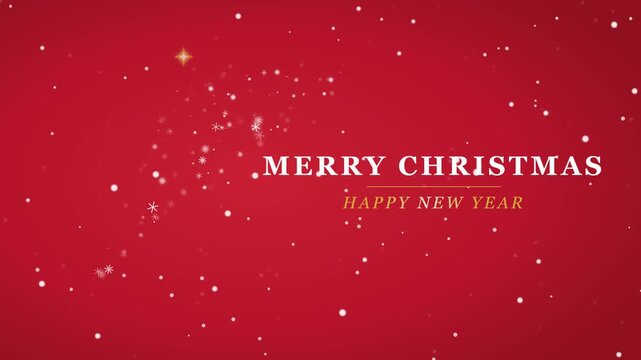 Elegant minimalist red Christmas greeting card animation featuring a rich deep red background, a beautiful Christmas tree constructed from glowing white snowflakes, delicate snowfall, and refined gold