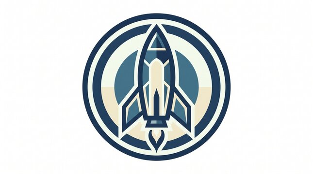 Retro rocket ship launching from a circular emblem with concentric rings and stylized flames.