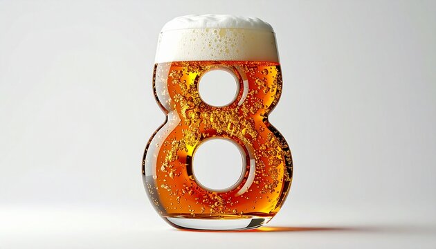 Beer Glass Shaped as Number 8 with Foam and Bubbles on White Background for Birthday and Anniversary Celebration