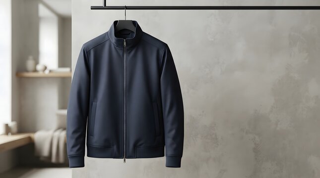 Navy blue men zipper bomber jacket hanging on rack in modern minimalist showroom with copy space.