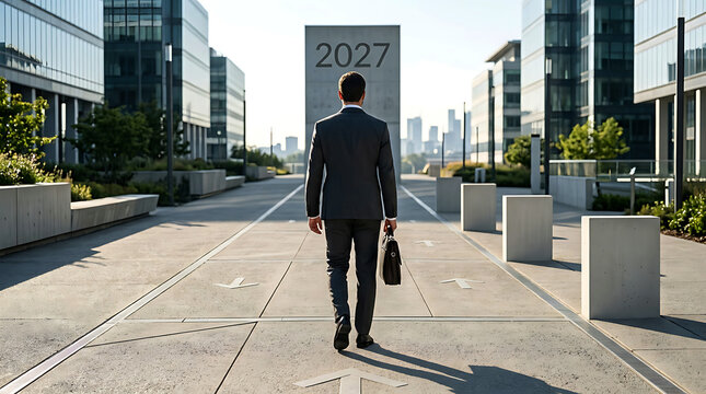 Businessman walking towards a monolith with 2027 inscription in city plaza