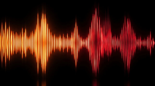 Abstract sound wave visualization with glowing orange and red vertical light bars on black background