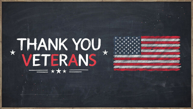 Thank you veterans text written in white and red chalk on a black chalkboard with an American flag illustration