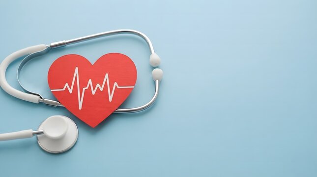 Red heart with heartbeat cardiogram line and medical stethoscope on pastel blue background with copy space for cardiology healthcare concept.