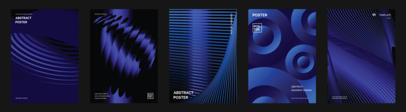 Futuristic vector poster collection with blue purple gradients, flowing waves, circular forms, optical lines and abstract technology backgrounds