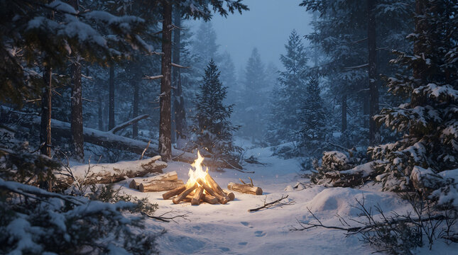 Bonfire with fire in winter frosty forest - Photography.