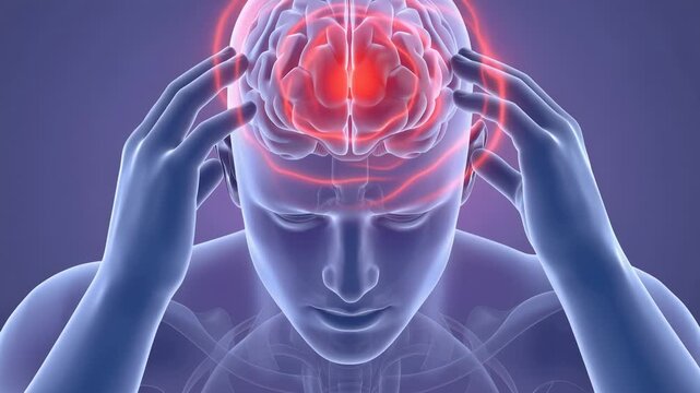 Medical illustration of human brain with highlighted red region, showing headache, migraine, stroke, neurological disorder, healthcare anatomy concept, 4K video