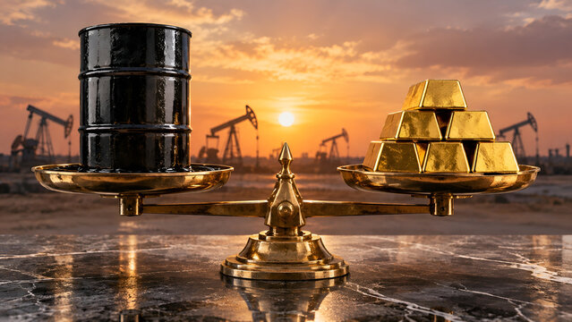 Oil Barrel and Gold Bars on Balance Scale