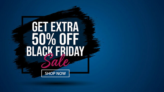 Graphic announcement for Black Friday sale with 50% off, framed in a brush stroke, symbolizing a strong offer