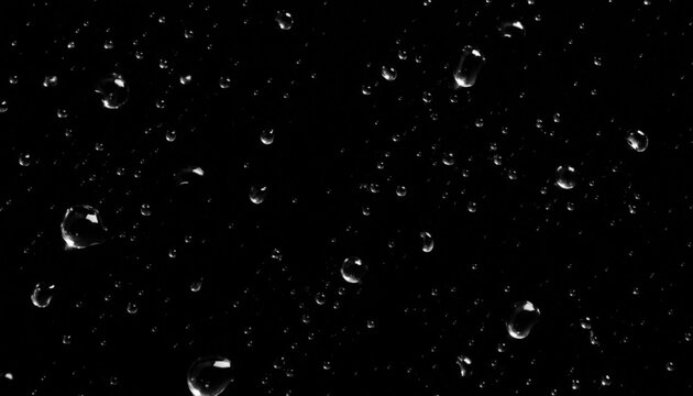 Realistic water droplets on a black background with rain drops, wet splash details and condensed glass texture, ideal for overlays, effects, photography and digital design.