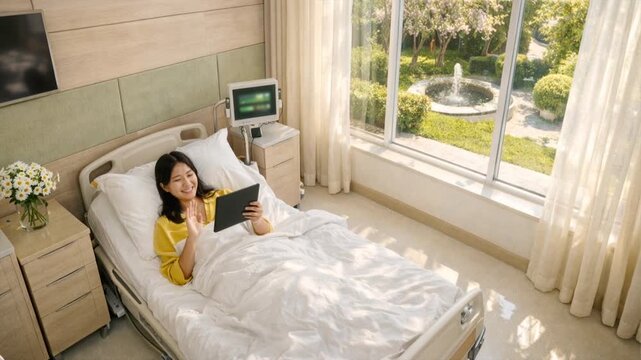 Smiling female patient using a digital tablet in a bright hospital ward room