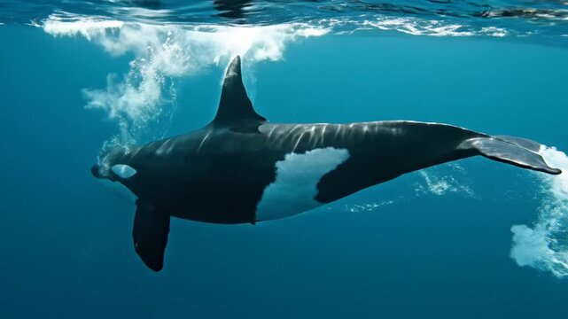 A majestic orca swims gracefully just below the ocean's surface in clear blue water