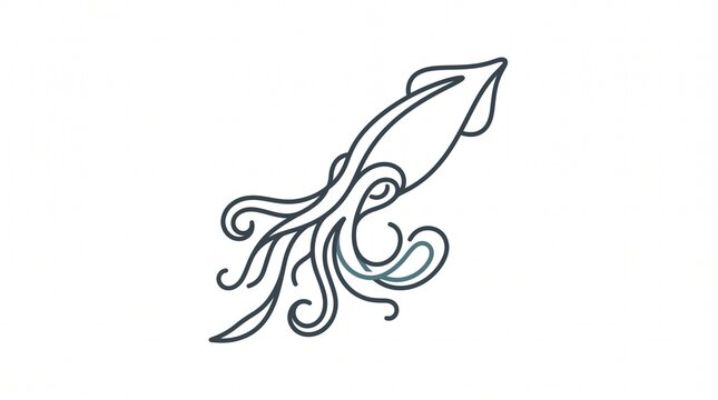 Stylized line art illustration of a squid with flowing tentacles, isolated on a white background.