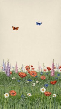 Hand drawn spring meadow in colored pencils with poppies, lupines, cornflowers and daisies swaying in the wind, butterflies, copy space, vertical video loop